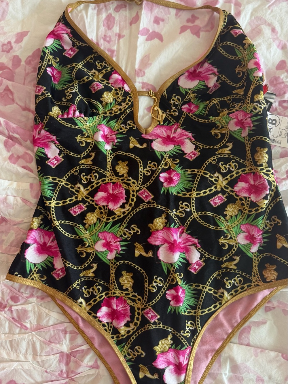 Baby Phat Black One-Piece Swimsuit with Pink Floral & Gold Chain Print